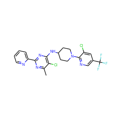 Cc1nc(-c2ccccn2)nc(NC2CCN(c3ncc(C(F)(F)F)cc3Cl)CC2)c1Cl ZINC000020412737