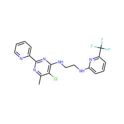 Cc1nc(-c2ccccn2)nc(NCCNc2cccc(C(F)(F)F)n2)c1Cl ZINC000020458540