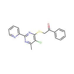 Cc1nc(-c2ccccn2)nc(SCC(=O)c2ccccc2)c1Cl ZINC000001030038