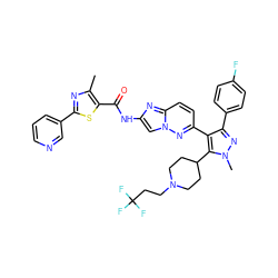 Cc1nc(-c2cccnc2)sc1C(=O)Nc1cn2nc(-c3c(-c4ccc(F)cc4)nn(C)c3C3CCN(CCC(F)(F)F)CC3)ccc2n1 ZINC001772634058