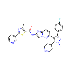 Cc1nc(-c2cccnc2)sc1C(=O)Nc1cn2nc(-c3c(-c4ccc(F)cc4)nn(C)c3C3CCNCC3)ccc2n1 ZINC000220033298