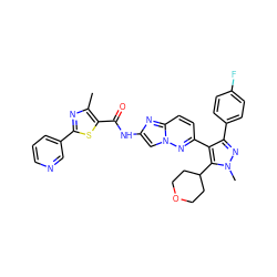 Cc1nc(-c2cccnc2)sc1C(=O)Nc1cn2nc(-c3c(-c4ccc(F)cc4)nn(C)c3C3CCOCC3)ccc2n1 ZINC001772635202