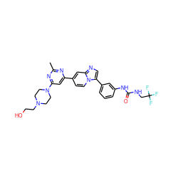 Cc1nc(-c2ccn3c(-c4cccc(NC(=O)NCC(F)(F)F)c4)cnc3c2)cc(N2CCN(CCO)CC2)n1 ZINC000116145895