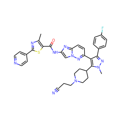 Cc1nc(-c2ccncc2)sc1C(=O)Nc1cn2nc(-c3c(-c4ccc(F)cc4)nn(C)c3C3CCN(CCC#N)CC3)ccc2n1 ZINC000220126991