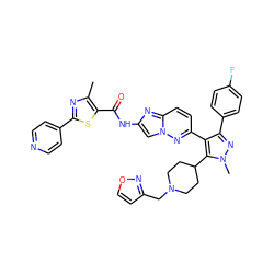 Cc1nc(-c2ccncc2)sc1C(=O)Nc1cn2nc(-c3c(-c4ccc(F)cc4)nn(C)c3C3CCN(Cc4ccon4)CC3)ccc2n1 ZINC001772613685