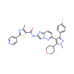 Cc1nc(-c2ccncc2)sc1C(=O)Nc1cn2nc(-c3c(-c4ccc(F)cc4)nn(C)c3C3CCOCC3)ccc2n1 ZINC001772580088