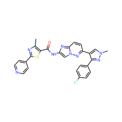 Cc1nc(-c2ccncc2)sc1C(=O)Nc1cn2nc(-c3cn(C)nc3-c3ccc(F)cc3)ccc2n1 ZINC001772616098