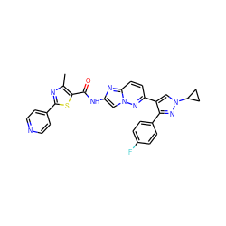 Cc1nc(-c2ccncc2)sc1C(=O)Nc1cn2nc(-c3cn(C4CC4)nc3-c3ccc(F)cc3)ccc2n1 ZINC001772627261