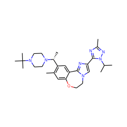 Cc1nc(-c2cn3c(n2)-c2cc([C@@H](C)N4CCN(C(C)(C)C)CC4)c(C)cc2OCC3)n(C(C)C)n1 ZINC000204428515