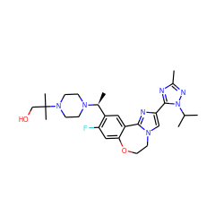 Cc1nc(-c2cn3c(n2)-c2cc([C@H](C)N4CCN(C(C)(C)CO)CC4)c(F)cc2OCC3)n(C(C)C)n1 ZINC000204428767