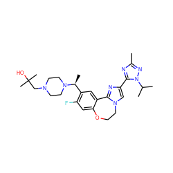 Cc1nc(-c2cn3c(n2)-c2cc([C@H](C)N4CCN(CC(C)(C)O)CC4)c(F)cc2OCC3)n(C(C)C)n1 ZINC000204417321