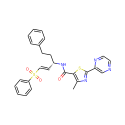 Cc1nc(-c2cnccn2)sc1C(=O)N[C@H](/C=C/S(=O)(=O)c1ccccc1)CCc1ccccc1 ZINC000049018146