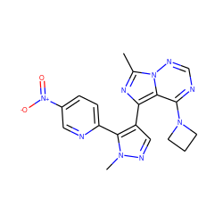 Cc1nc(-c2cnn(C)c2-c2ccc([N+](=O)[O-])cn2)c2c(N3CCC3)ncnn12 ZINC000169697395