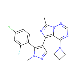 Cc1nc(-c2cnn(C)c2-c2ccc(Cl)cc2F)c2c(N3CCC3)ncnn12 ZINC000169697354