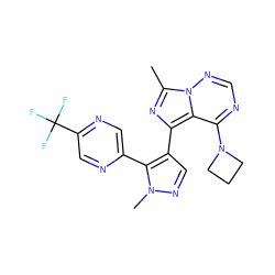 Cc1nc(-c2cnn(C)c2-c2cnc(C(F)(F)F)cn2)c2c(N3CCC3)ncnn12 ZINC000169697394