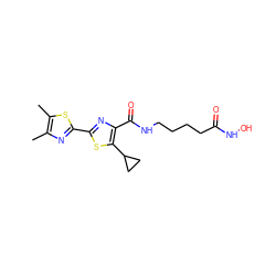 Cc1nc(-c2nc(C(=O)NCCCCC(=O)NO)c(C3CC3)s2)sc1C ZINC000147365653