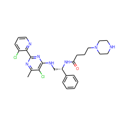 Cc1nc(-c2ncccc2Cl)nc(NC[C@H](NC(=O)CCCN2CCNCC2)c2ccccc2)c1Cl ZINC000096271232