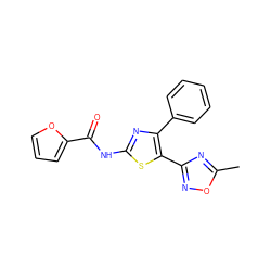 Cc1nc(-c2sc(NC(=O)c3ccco3)nc2-c2ccccc2)no1 ZINC000058581651