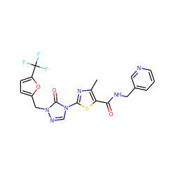 Cc1nc(-n2cnn(Cc3ccc(C(F)(F)F)o3)c2=O)sc1C(=O)NCc1cccnc1 ZINC000113372087