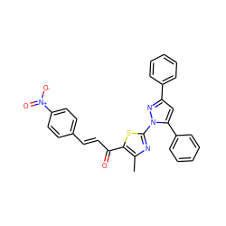 Cc1nc(-n2nc(-c3ccccc3)cc2-c2ccccc2)sc1C(=O)/C=C/c1ccc([N+](=O)[O-])cc1 ZINC000016957594