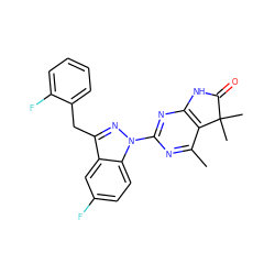 Cc1nc(-n2nc(Cc3ccccc3F)c3cc(F)ccc32)nc2c1C(C)(C)C(=O)N2 ZINC000223428280