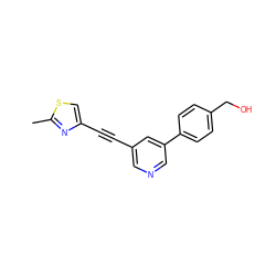 Cc1nc(C#Cc2cncc(-c3ccc(CO)cc3)c2)cs1 ZINC000137253189