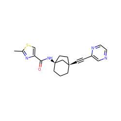 Cc1nc(C(=O)N[C@@]23CCC[C@@](C#Cc4cnccn4)(CC2)C3)cs1 ZINC000205001637