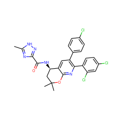 Cc1nc(C(=O)N[C@@H]2CC(C)(C)Oc3nc(-c4ccc(Cl)cc4Cl)c(-c4ccc(Cl)cc4)cc32)n[nH]1 ZINC000049785579