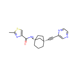 Cc1nc(C(=O)N[C@]23CCC[C@](C#Cc4cnccn4)(CC2)C3)cs1 ZINC000219455105