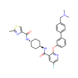 Cc1nc(C(=O)N[C@H]2CC[C@H](NC(=O)c3cc(F)cnc3Oc3cccc(-c4ccc(CN(C)C)cc4)c3)CC2)cs1 ZINC000167945320