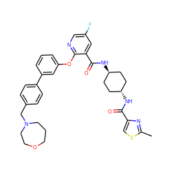 Cc1nc(C(=O)N[C@H]2CC[C@H](NC(=O)c3cc(F)cnc3Oc3cccc(-c4ccc(CN5CCCOCC5)cc4)c3)CC2)cs1 ZINC000168448871