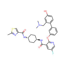 Cc1nc(C(=O)N[C@H]2CC[C@H](NC(=O)c3cc(F)cnc3Oc3cccc(-c4ccc(O)cc4CN(C)C)c3)CC2)cs1 ZINC000166577964