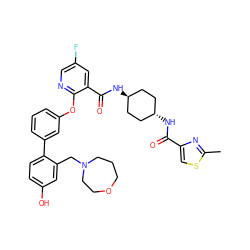 Cc1nc(C(=O)N[C@H]2CC[C@H](NC(=O)c3cc(F)cnc3Oc3cccc(-c4ccc(O)cc4CN4CCCOCC4)c3)CC2)cs1 ZINC000167323904