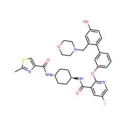 Cc1nc(C(=O)N[C@H]2CC[C@H](NC(=O)c3cc(F)cnc3Oc3cccc(-c4ccc(O)cc4CN4CCOCC4)c3)CC2)cs1 ZINC000167363479