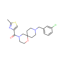 Cc1nc(C(=O)N2CCOC3(CCN(Cc4cccc(Cl)c4)CC3)C2)cs1 ZINC000064549056