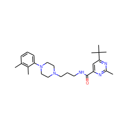 Cc1nc(C(=O)NCCCN2CCN(c3cccc(C)c3C)CC2)cc(C(C)(C)C)n1 ZINC000064528249