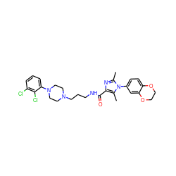 Cc1nc(C(=O)NCCCN2CCN(c3cccc(Cl)c3Cl)CC2)c(C)n1-c1ccc2c(c1)OCCO2 ZINC000072105213