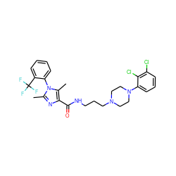 Cc1nc(C(=O)NCCCN2CCN(c3cccc(Cl)c3Cl)CC2)c(C)n1-c1ccccc1C(F)(F)F ZINC000072105169