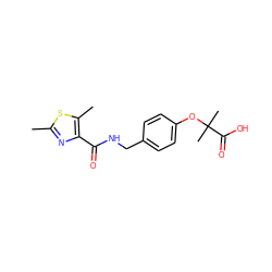 Cc1nc(C(=O)NCc2ccc(OC(C)(C)C(=O)O)cc2)c(C)s1 ZINC000037866952