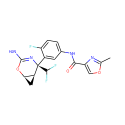 Cc1nc(C(=O)Nc2ccc(F)c([C@@]3(C(F)F)N=C(N)O[C@@H]4C[C@@H]43)c2)co1 ZINC000226086554