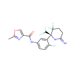 Cc1nc(C(=O)Nc2ccc(F)c([C@@]3(C(F)F)NC(=N)CCC3(F)F)c2)co1 ZINC001772615194