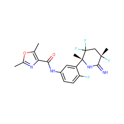 Cc1nc(C(=O)Nc2ccc(F)c([C@@]3(C)NC(=N)[C@@](C)(F)CC3(F)F)c2)c(C)o1 ZINC001772628774