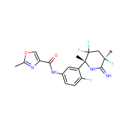 Cc1nc(C(=O)Nc2ccc(F)c([C@@]3(C)NC(=N)[C@](C)(F)CC3(F)F)c2)co1 ZINC001772610956