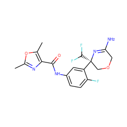 Cc1nc(C(=O)Nc2ccc(F)c([C@]3(C(F)F)COCC(N)=N3)c2)c(C)o1 ZINC000113655344