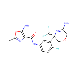 Cc1nc(C(=O)Nc2ccc(F)c([C@]3(C(F)F)COCC(N)=N3)c2)c(N)o1 ZINC000113659378