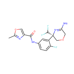 Cc1nc(C(=O)Nc2ccc(F)c([C@]3(C(F)F)COCC(N)=N3)c2)co1 ZINC000113657313