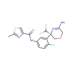 Cc1nc(C(=O)Nc2ccc(F)c([C@]3(C(F)F)COCC(N)=N3)c2)cs1 ZINC000113658778