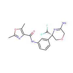 Cc1nc(C(=O)Nc2cccc([C@]3(C(F)F)COCC(N)=N3)c2)c(C)o1 ZINC000113660754