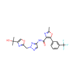 Cc1nc(C(=O)Nc2cnn(Cc3nc(C(C)(C)O)co3)n2)c(-c2cccc(C(F)(F)F)c2)o1 ZINC000200098694