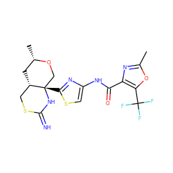 Cc1nc(C(=O)Nc2csc([C@]34CO[C@@H](C)C[C@H]3CSC(=N)N4)n2)c(C(F)(F)F)o1 ZINC001772628499